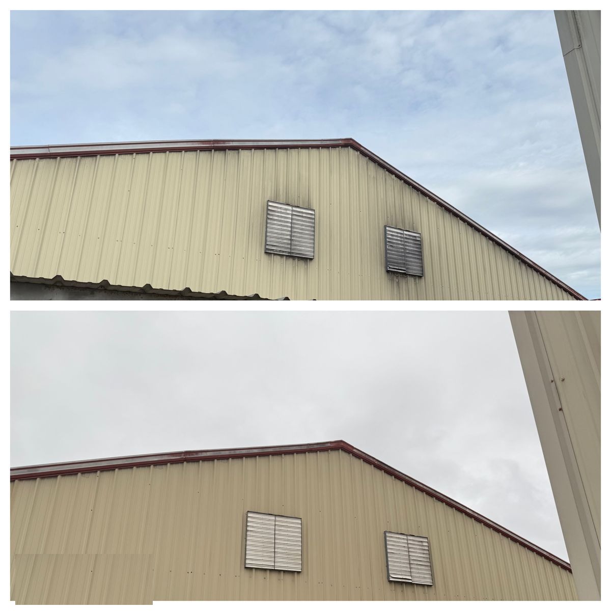 Faith Academy building wall and vents before and after soft wash